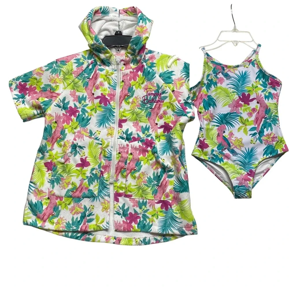 Tommy Bahama Girls Tropical Parrot Floral 1 Piece Swimsuit &Cover Up Set 6/7 NWT